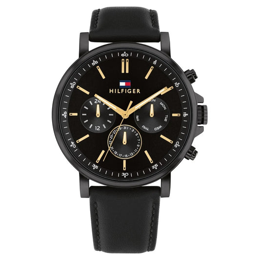 Tommy Hilfiger Multifunction Black Round Dial Black Leather Strap Watch For Men