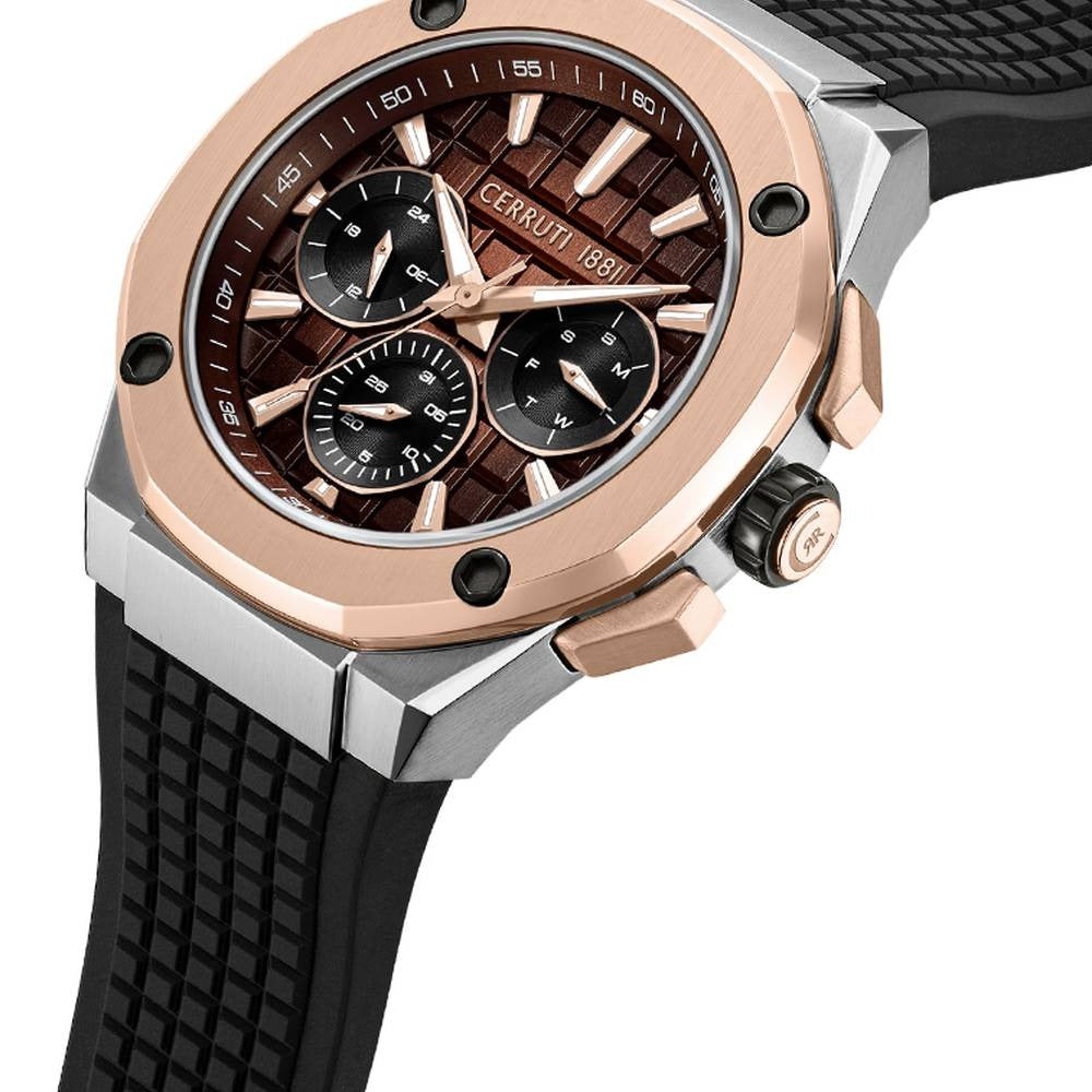 Cerruti 1881 Quartz Multifunction Brown Dial Black Silicone Strap Watch For Men