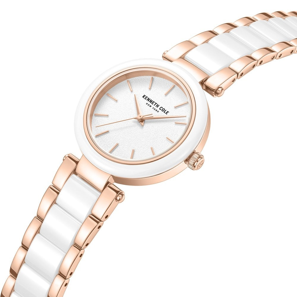 Kenneth Cole Quartz Analog White Dial White Stainless Steel & Ceramic Strap Watch For Women