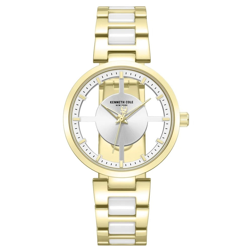 Kenneth Cole Quartz Analog Silver Dial Golden Colour Ceramic Strap Watch For Women