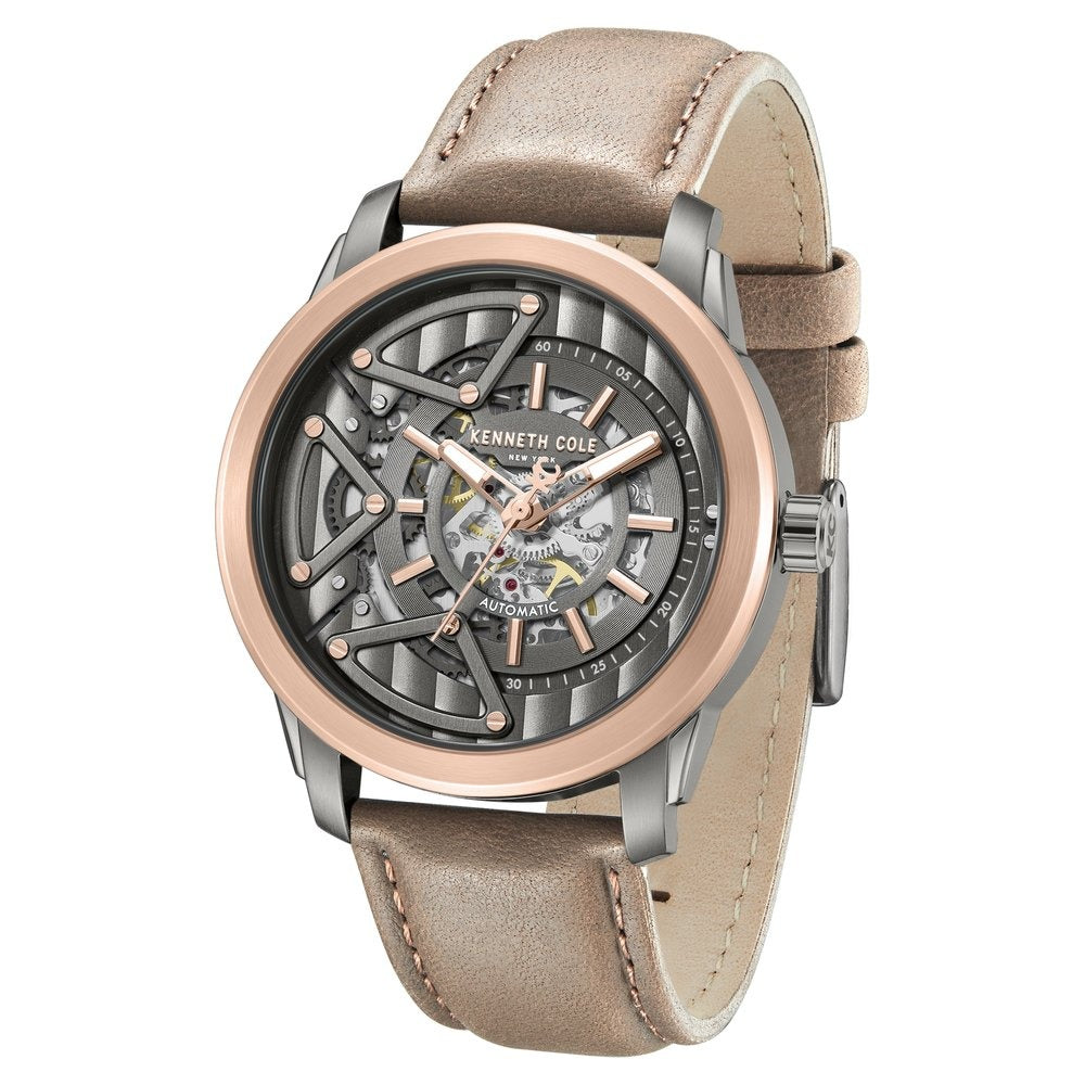 Kenneth Cole Automatic Grey Dial Brown Colour Leather Strap Watch For Men