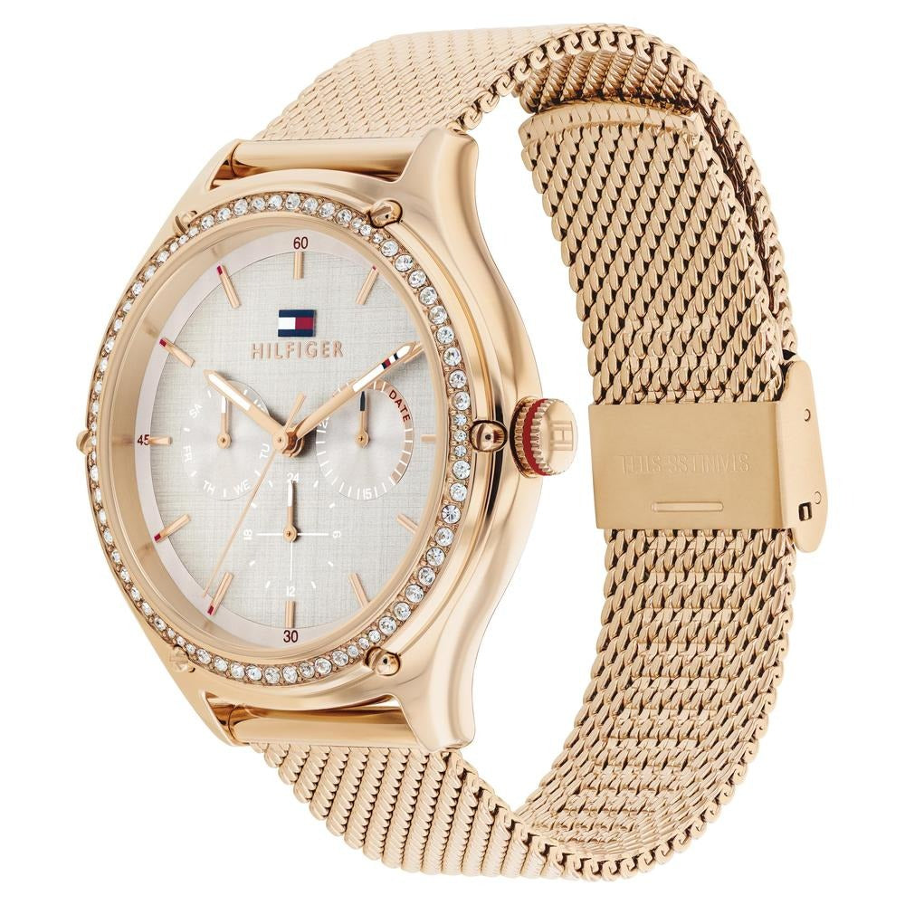 Tommy Hilfiger Multifunction Grey Round Dial Golden Stainless Steel Strap Watch For Women