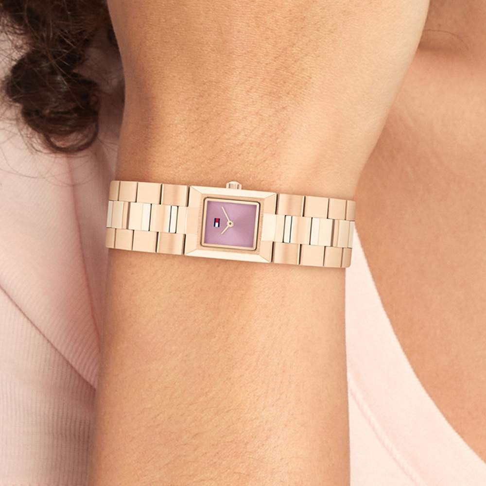 Tommy Hilfiger Quartz Analog Purple Dial Rose Gold Stainless Steel Strap Watch For Women