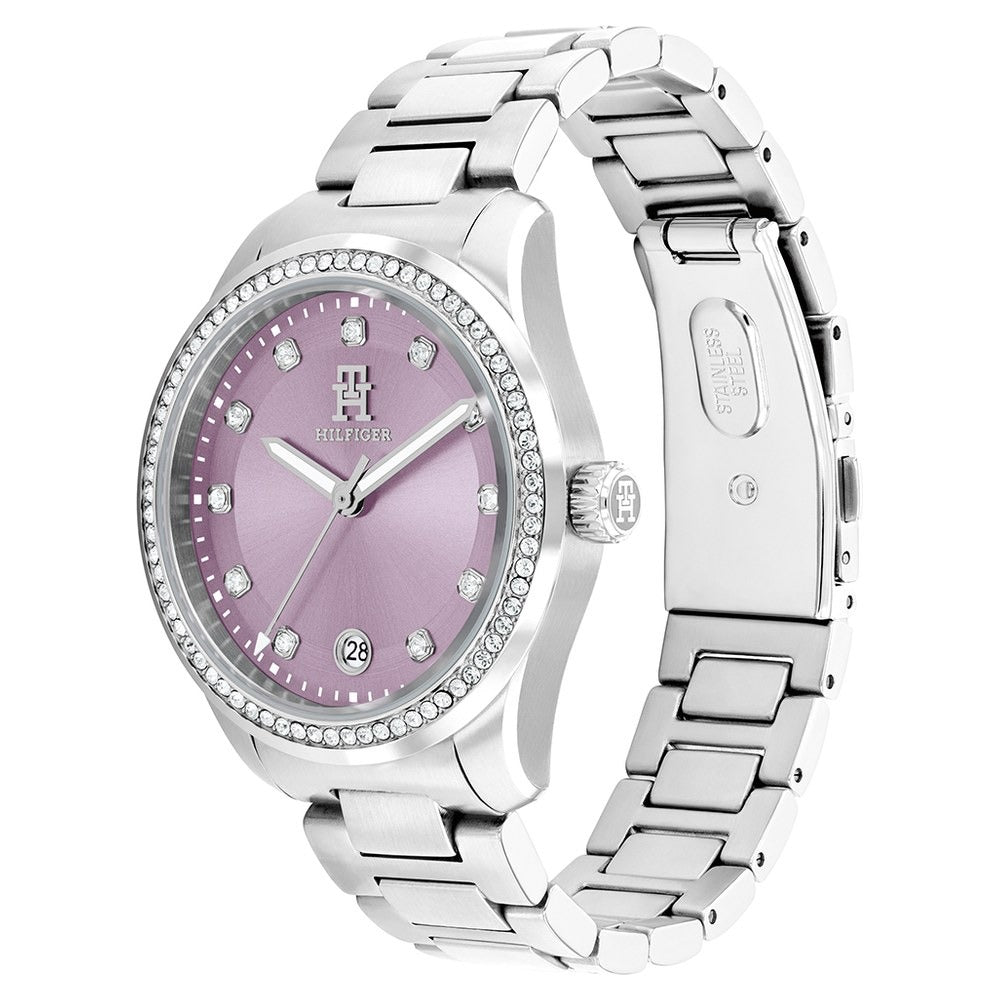 Tommy Hilfiger Quartz Analog Purple Dial Silver Stainless Steel Strap Watch For Women