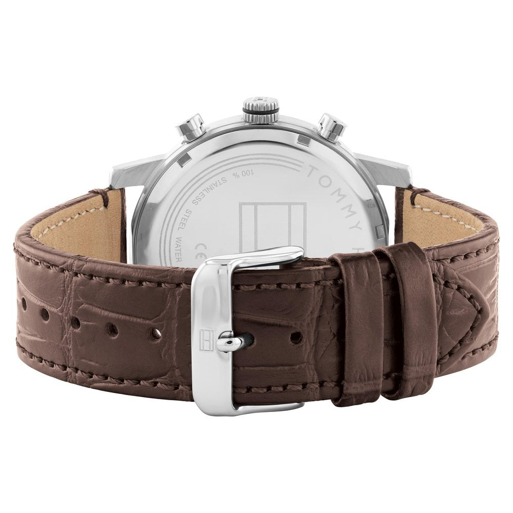 Tommy Hilfiger Multifunction Silver Round Dial Brown Leather Strap Watch For Men