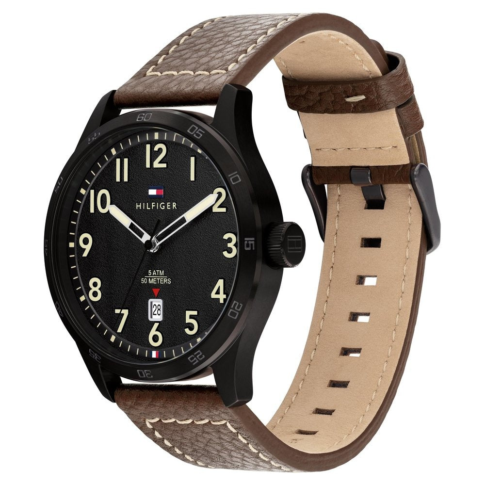 Tommy Hilfiger Quartz Analog with Date Black dial Leather Strap Watch for Men