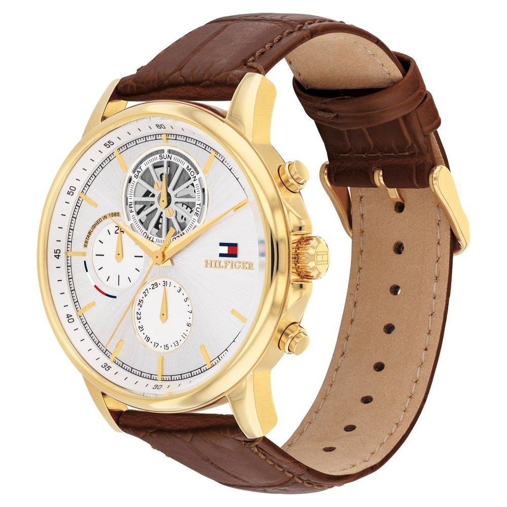 Tommy Hilfiger Quartz Multifunction Silver Dial Brown Leather Strap Watch for Men