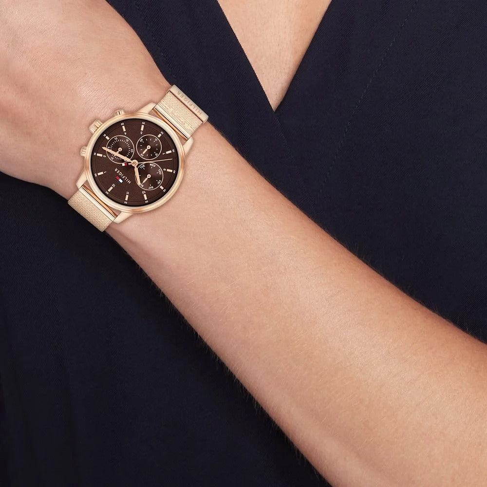 Tommy Hilfiger Quartz Multifunction Brown Dial Rose Gold Stainless Steel Strap Watch For Women