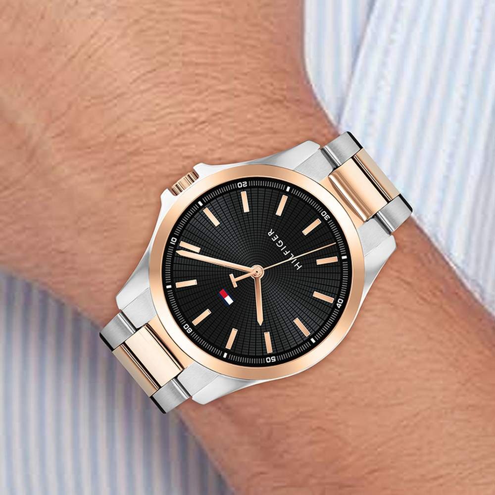 Tommy Hilfiger Quartz Analog Black Dial Two Toned Stainless Steel Strap Watch For Men