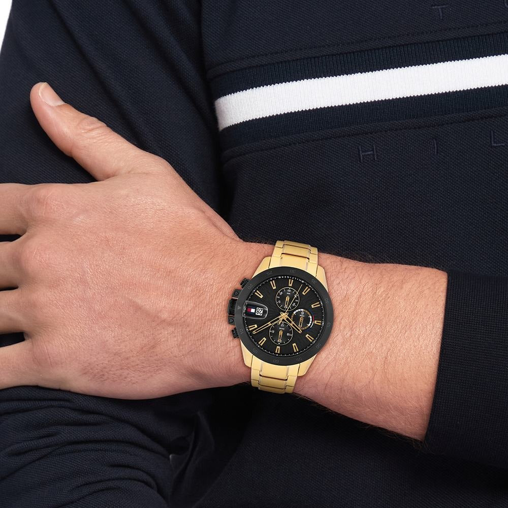 Tommy Hilfiger Quartz Multifunction Black Dial Golden Stainless Steel Strap Watch For Men
