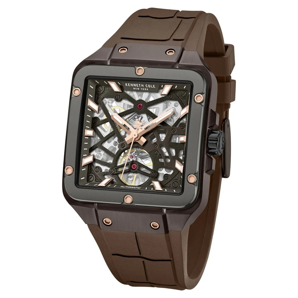 Kenneth Cole Automatic With Self Winding Automatic With Self Winding Brown Dial Silicone Strap Watch For Men