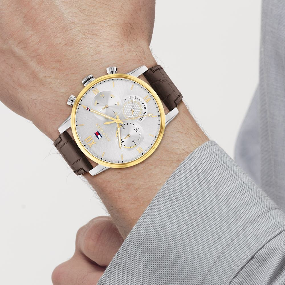 Tommy Hilfiger Multifunction Silver Round Dial Brown Leather Strap Watch For Men