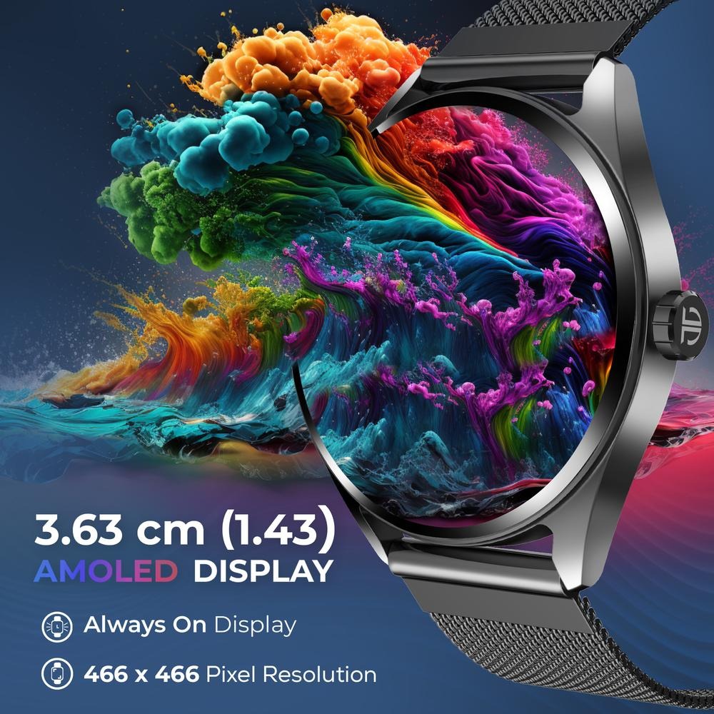 Titan Crest with 3.63 cm AMOLED Display with AOD, Functional Crown, BT Calling Smartwatch with Black Mesh Strap