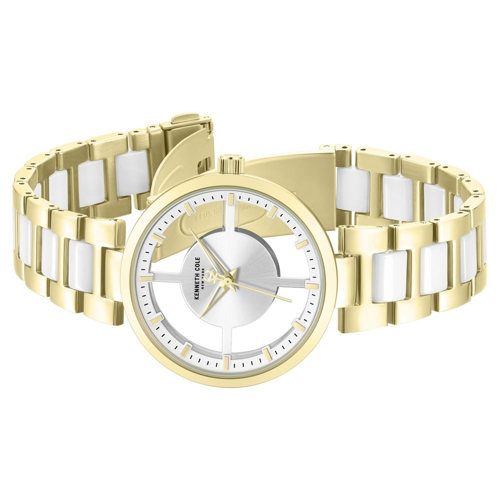 Kenneth Cole Quartz Analog Silver Dial Golden Colour Ceramic Strap Watch For Women