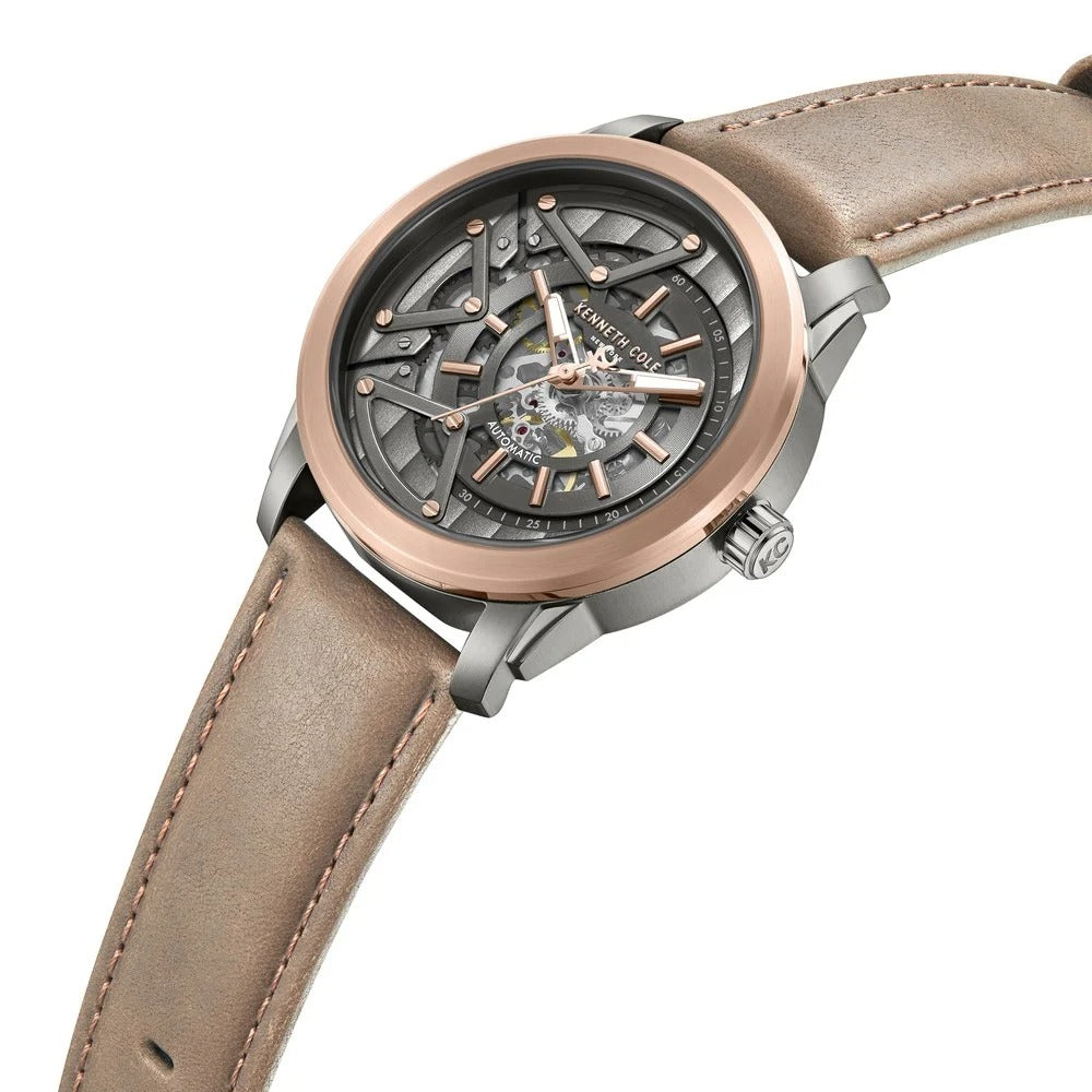 Kenneth Cole Automatic Grey Dial Brown Colour Leather Strap Watch For Men