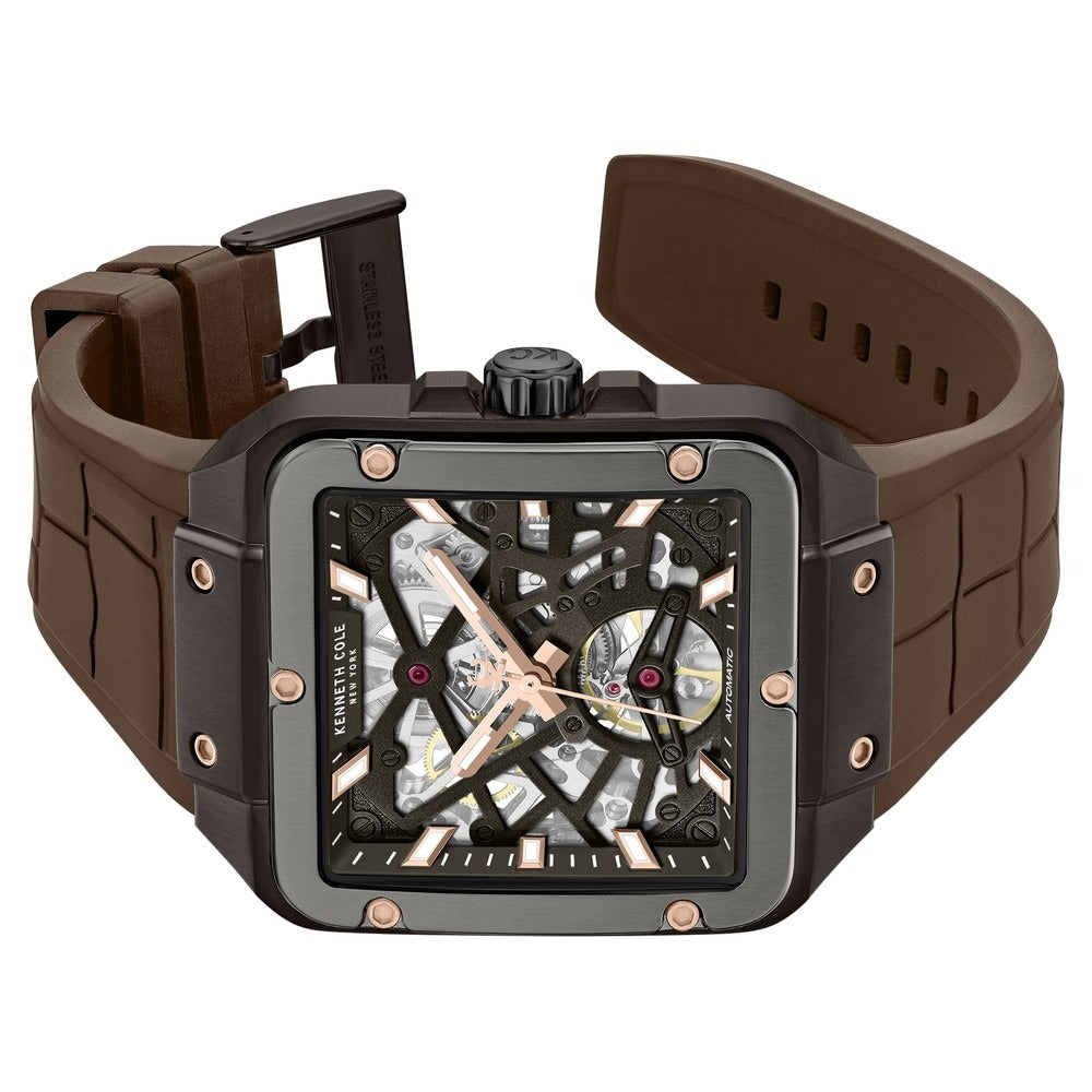 Kenneth Cole Automatic With Self Winding Automatic With Self Winding Brown Dial Silicone Strap Watch For Men