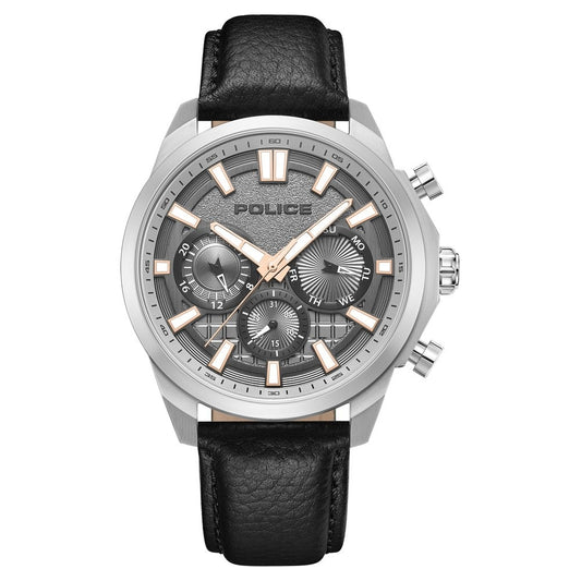 Police Quartz Multifunction Grey Dial Black Leather Strap Watch For Men
