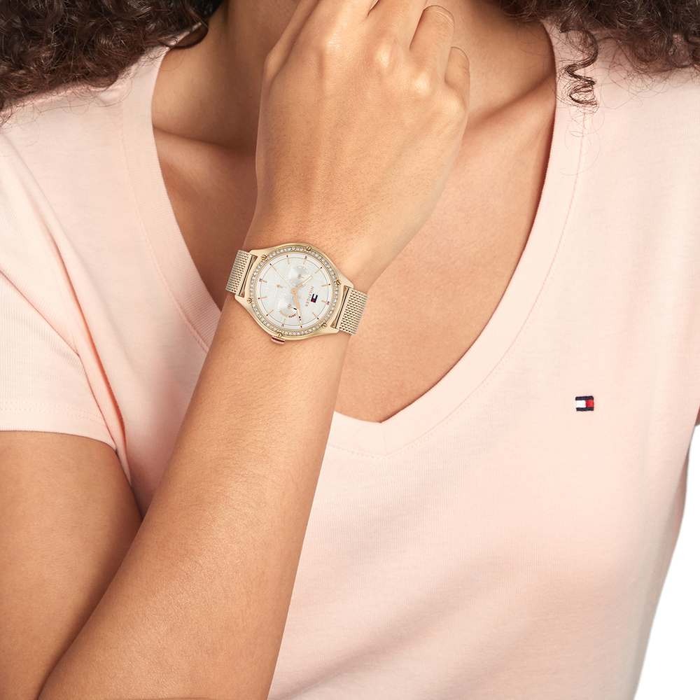Tommy Hilfiger Multifunction Grey Round Dial Golden Stainless Steel Strap Watch For Women