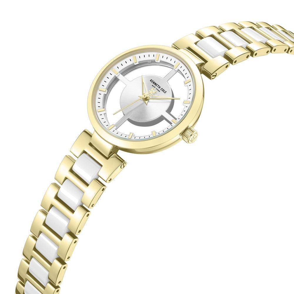 Kenneth Cole Quartz Analog Silver Dial Golden Colour Ceramic Strap Watch For Women