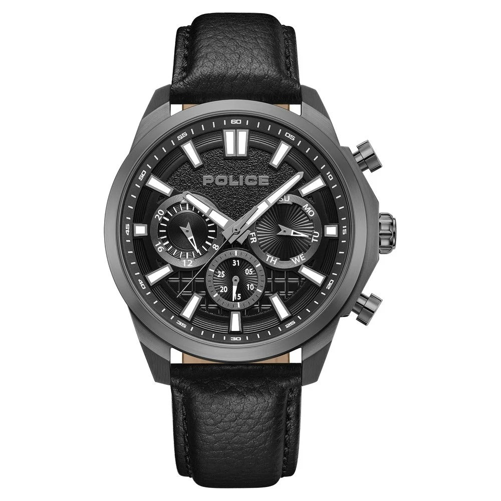 Police Quartz Multifunction Black Dial Black Leather Strap Watch For Men