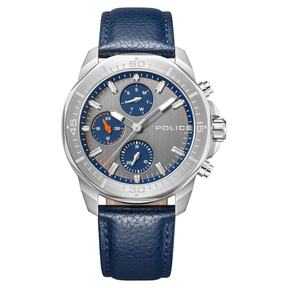 Police Quartz Multifunction Grey Dial Blue Leather Strap Watch For Men