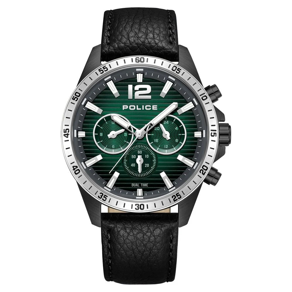 Police Quartz Multifunction Green Dial Black Leather Strap Watch for Men