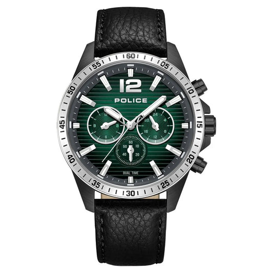 Police Quartz Multifunction Green Dial Black Leather Strap Watch for Men