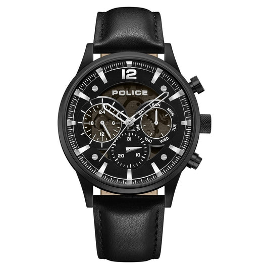 Police Quartz Multifunction Black Dial Black Leather Strap Watch For Men