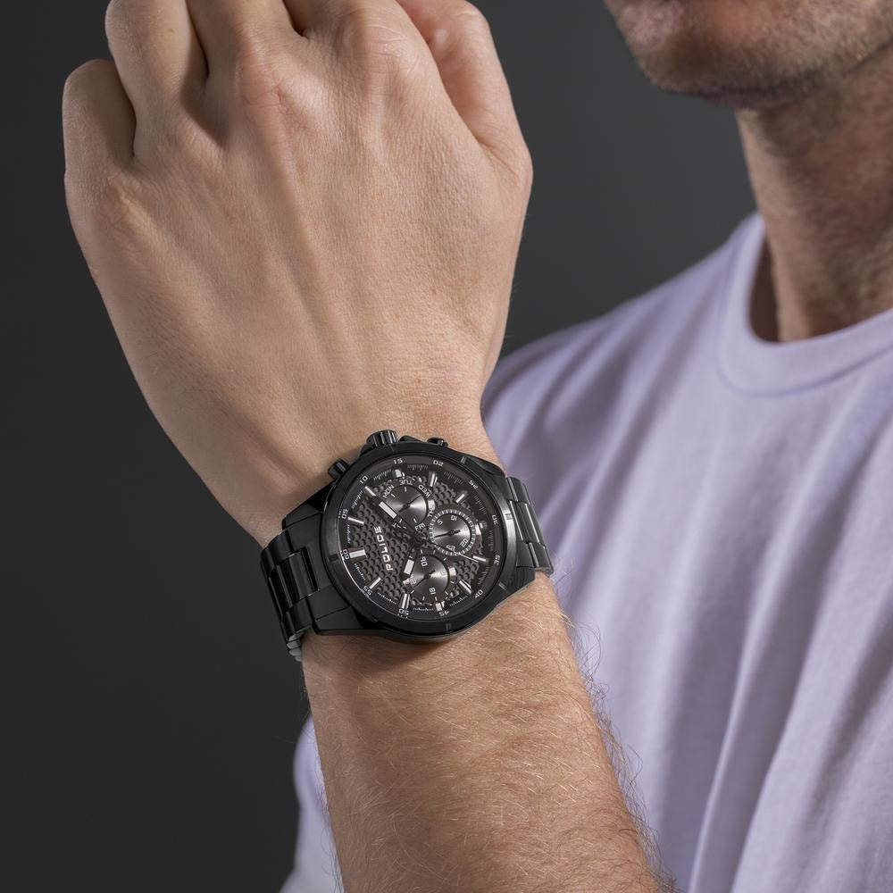 Police Quartz Multifunction Black Dial Black Stainless Steel Strap Watch For Men