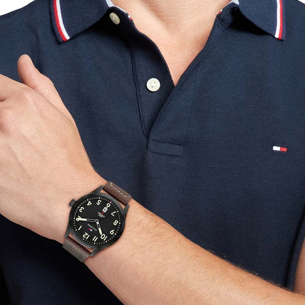 Tommy Hilfiger Quartz Analog with Date Black dial Leather Strap Watch for Men