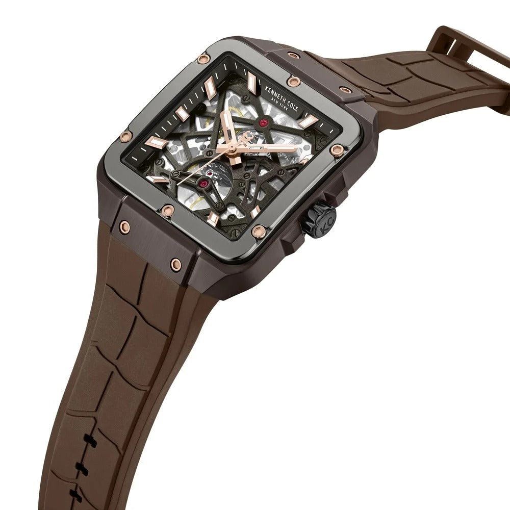 Kenneth Cole Automatic With Self Winding Automatic With Self Winding Brown Dial Silicone Strap Watch For Men