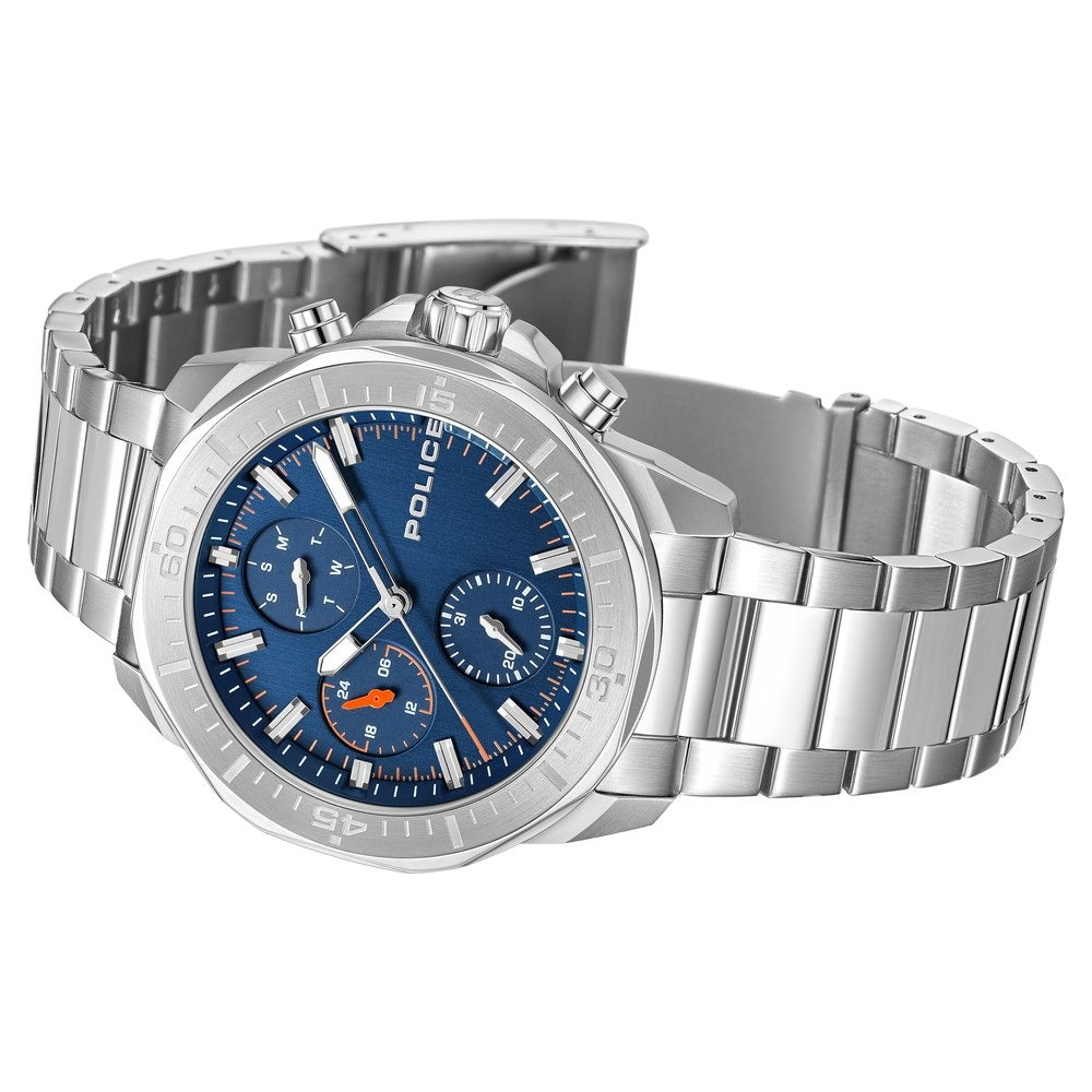 Police Quartz Multifunction Blue Dial Silver Stainless Steel Strap Watch For Men