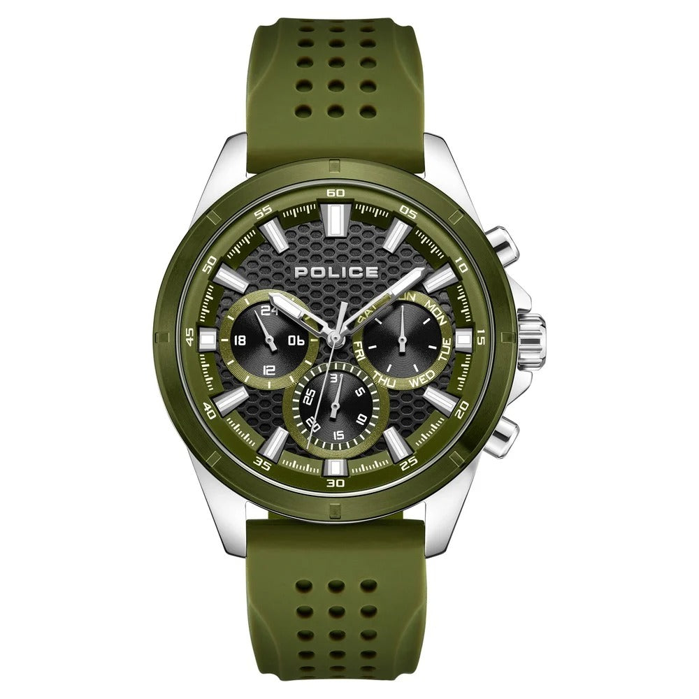 Police Quartz Multifunction Black Dial Green Colour Silicone Strap Watch For Men