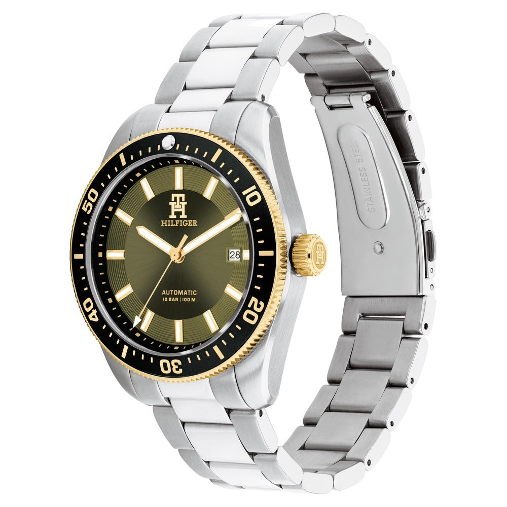 Tommy Hilfiger Automatic Green Dial Silver Color Stainless Steel Strap Watch For Men