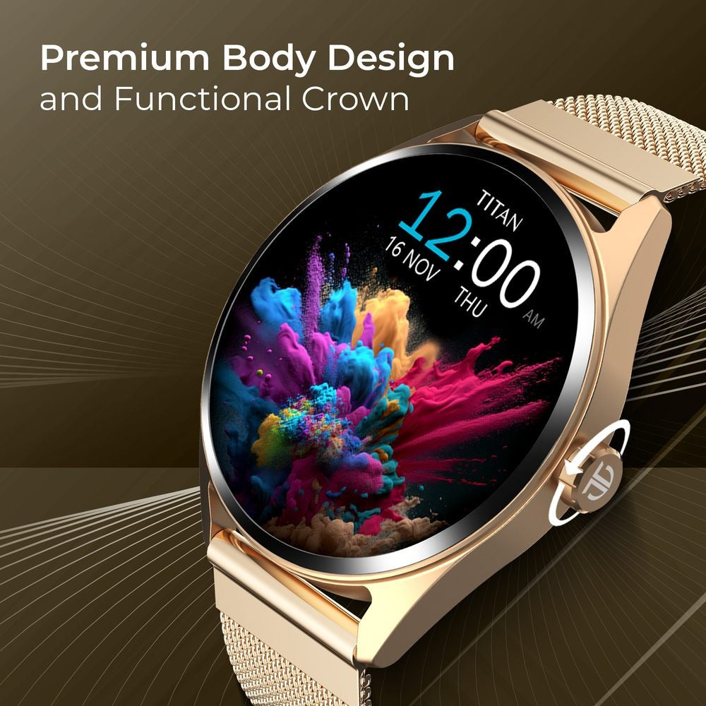Titan Crest with 3.63 cm AMOLED Display with AOD, Functional Crown, BT Calling Smartwatch with Black Mesh Strap