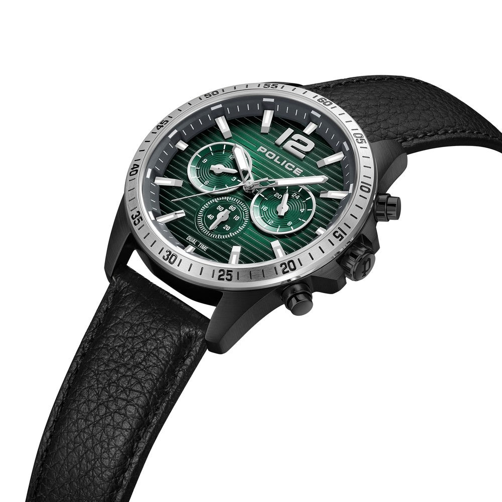Police Quartz Multifunction Green Dial Black Leather Strap Watch for Men