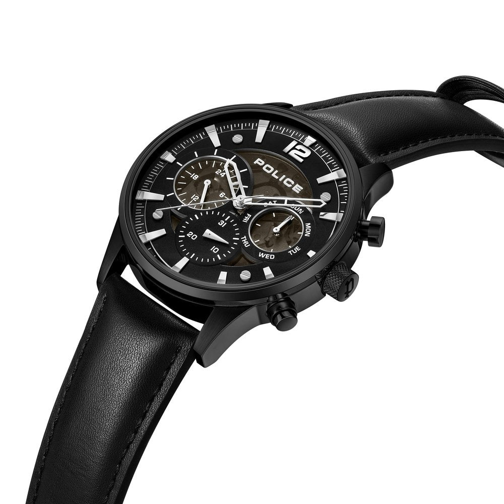 Police Quartz Multifunction Black Dial Black Leather Strap Watch For Men