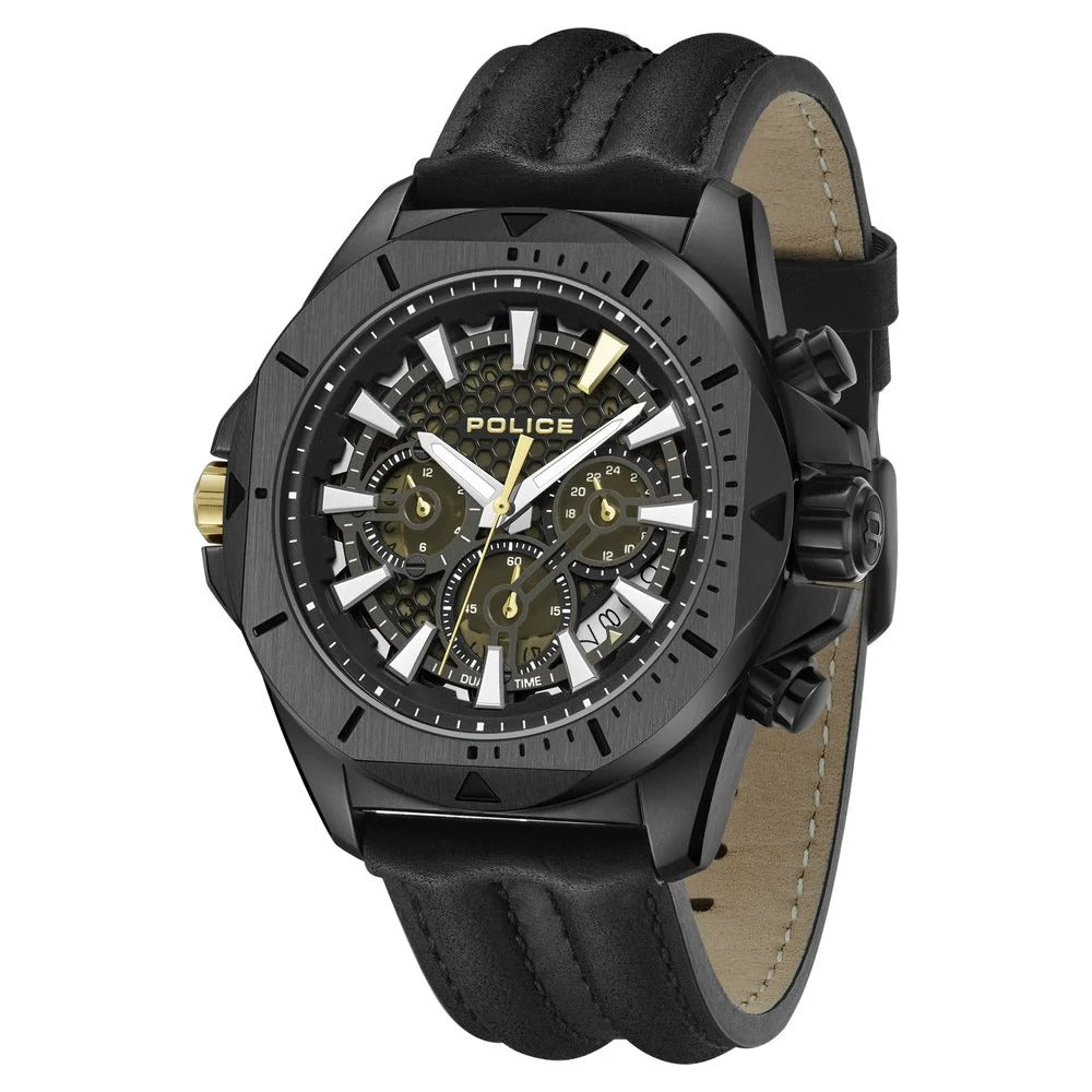 Police Multifunction Black Dial Leather Strap Watch For Men