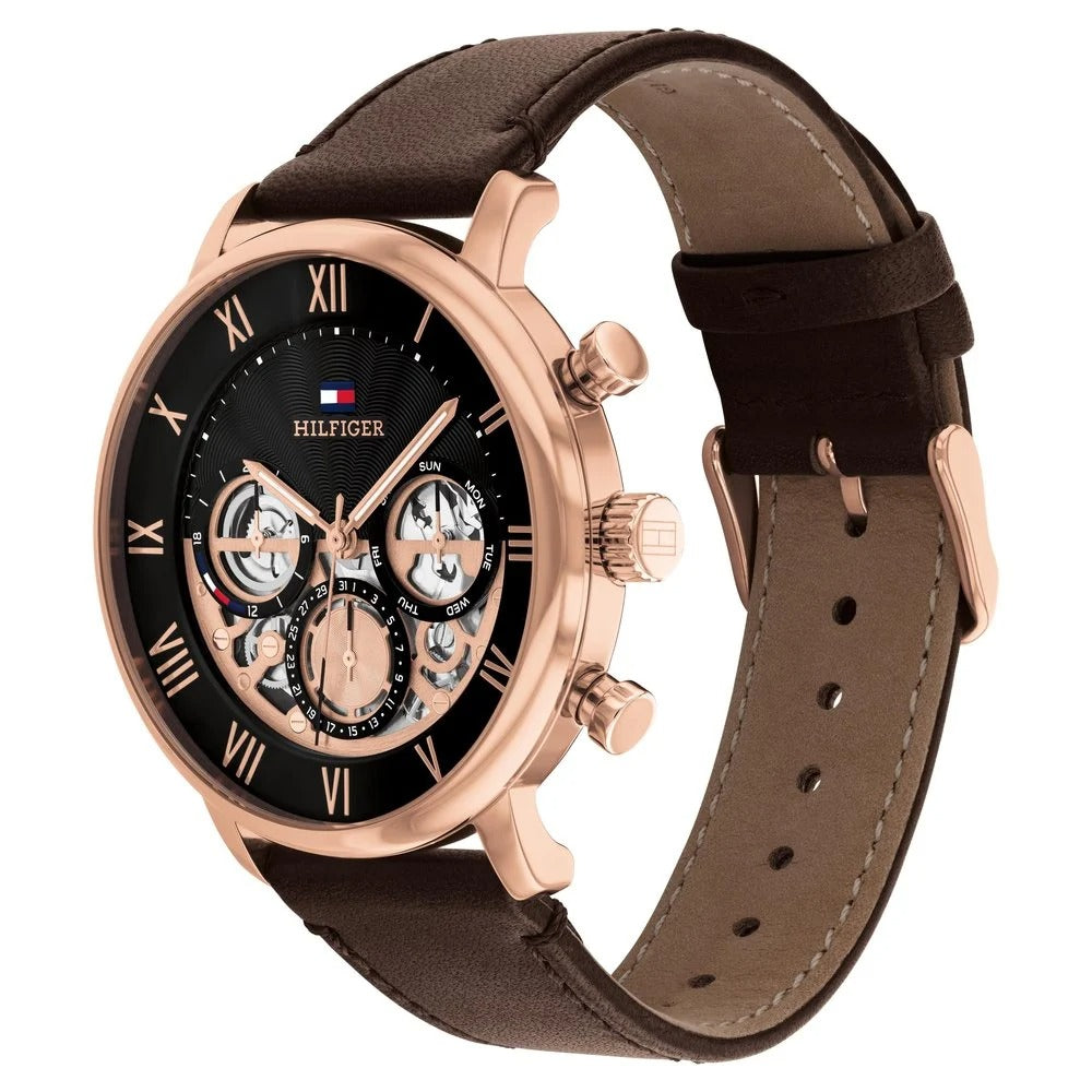Tommy Hilfiger Multifunction Black Dial Brown Leather Strap Watch For Men