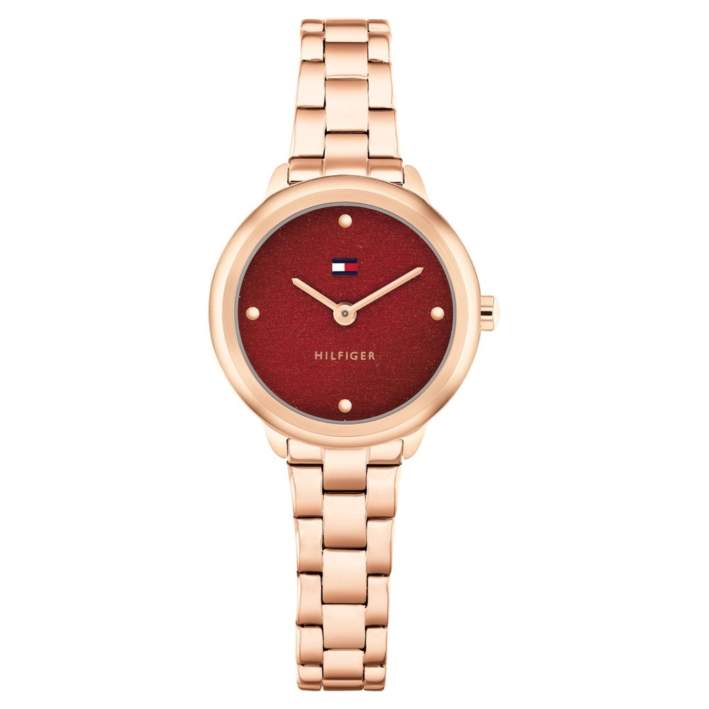 Tommy Hilfiger Quartz Analog Red Dial Golden Stainless Steel Strap Watch For Women
