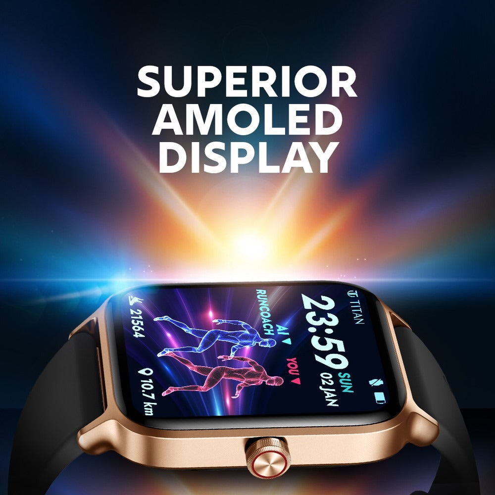 Titan Traveller with 4.52 cm AMOLED Display, BT Calling, India's First FitVerse Smartwatch with Blue Leather Strap