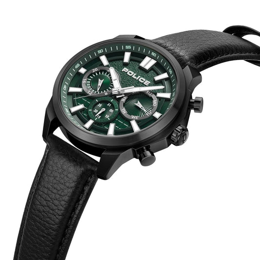 Police Quartz Multifunction Green Dial Black Leather Strap Watch For Men