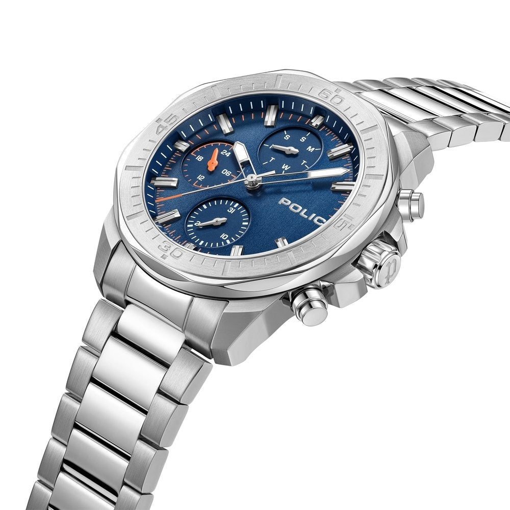 Police Quartz Multifunction Blue Dial Silver Stainless Steel Strap Watch For Men