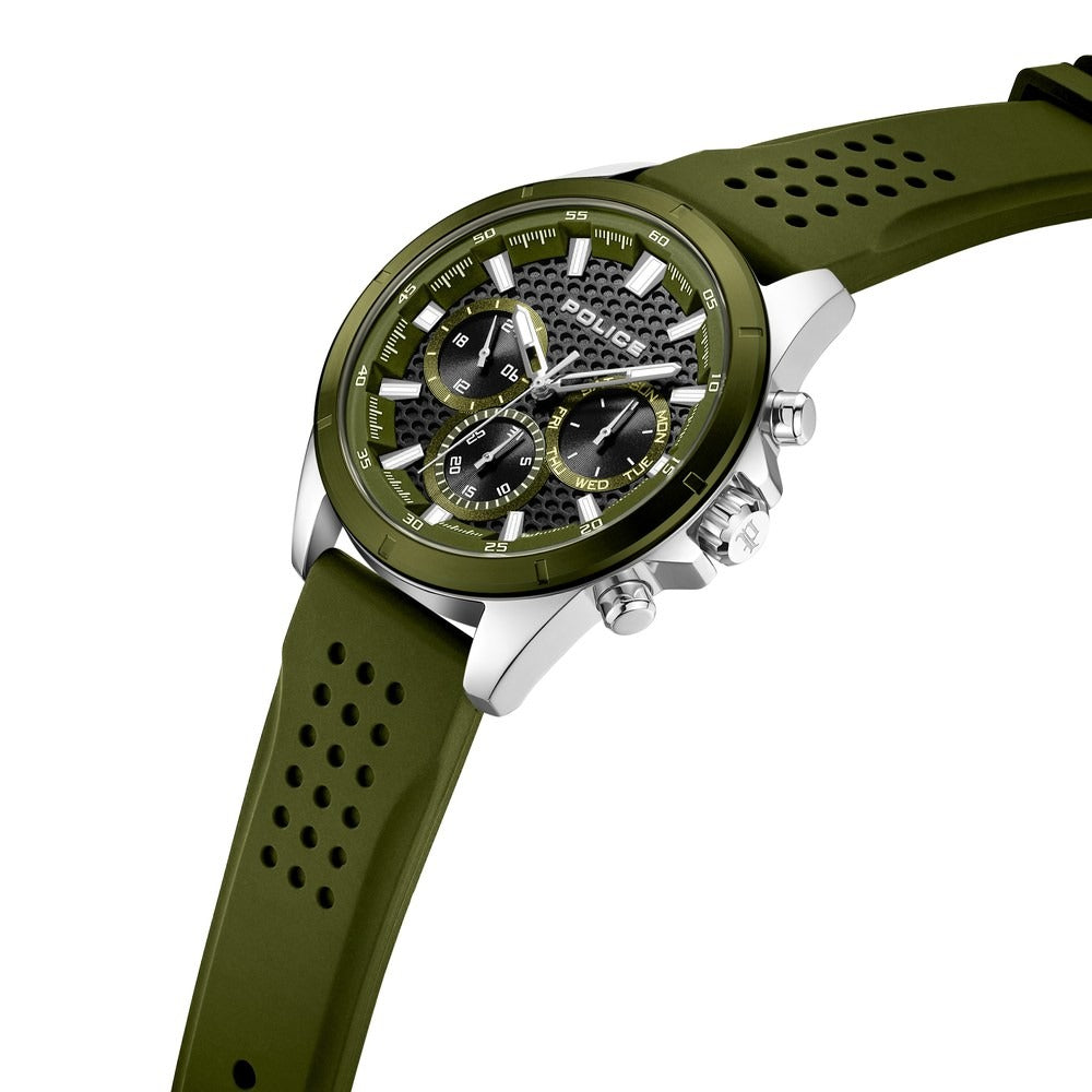 Police Quartz Multifunction Black Dial Green Colour Silicone Strap Watch For Men