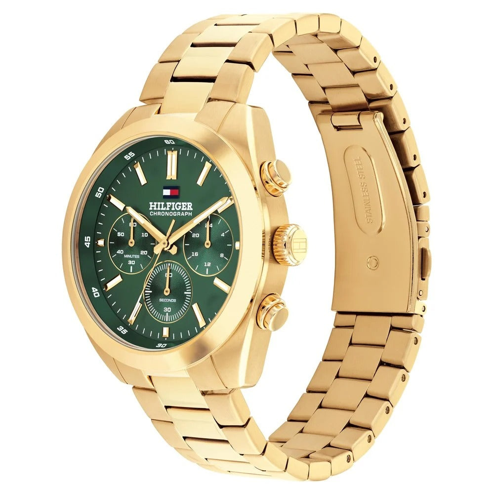 Tommy Hilfiger Quartz Chronograph Green Dial Golden Stainless Steel Strap Watch For Men
