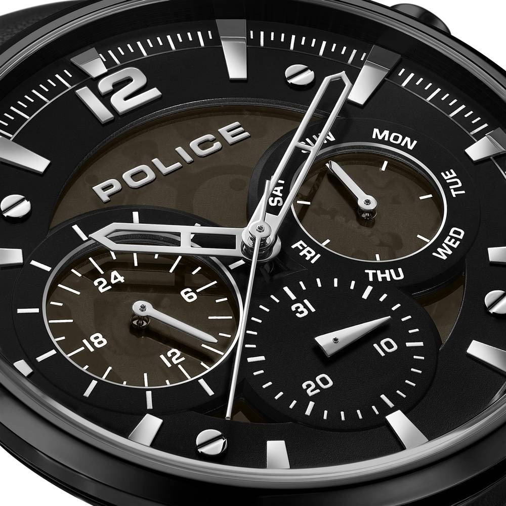 Police Quartz Multifunction Black Dial Black Leather Strap Watch For Men