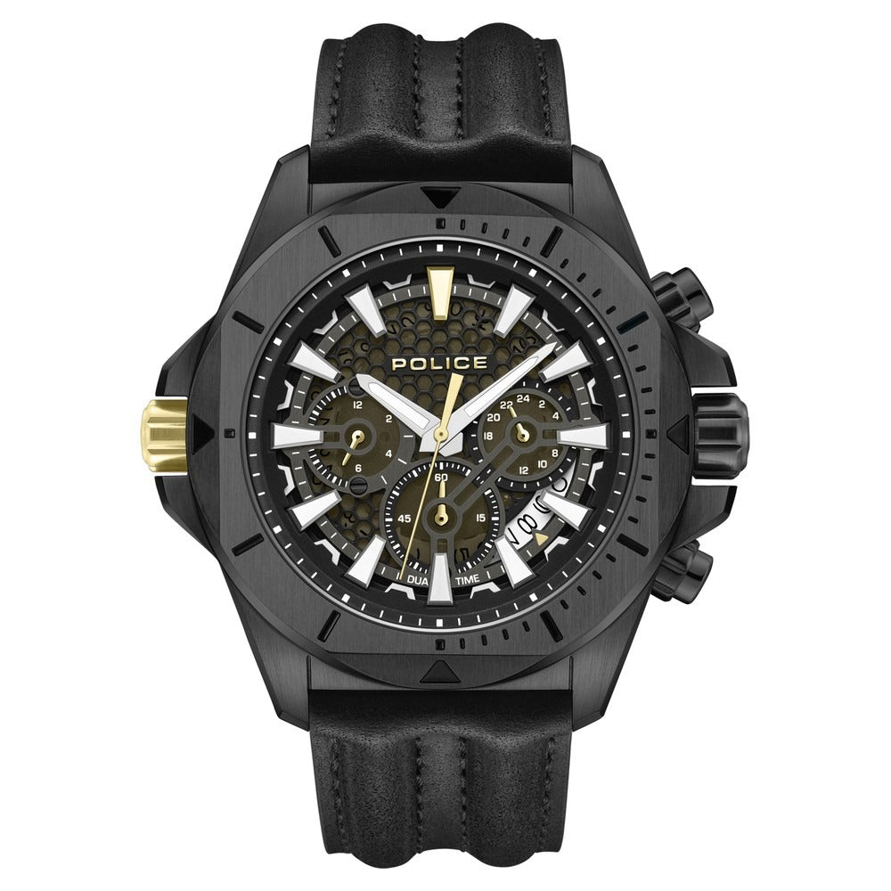 Police Multifunction Black Dial Leather Strap Watch For Men
