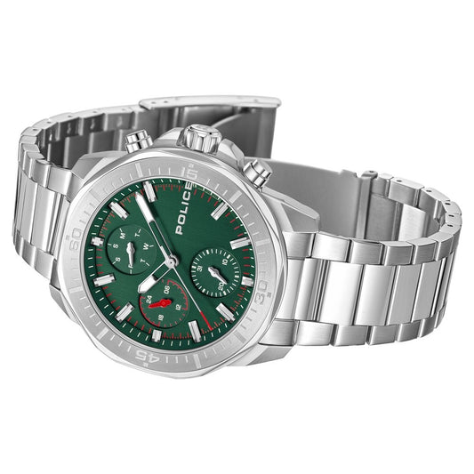 Police Quartz Multifunction Green Dial Silver Stainless Steel Strap Watch For Men