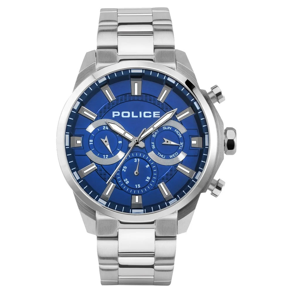 Police Blue Dial Silver Strap Multifunction Watch for Men