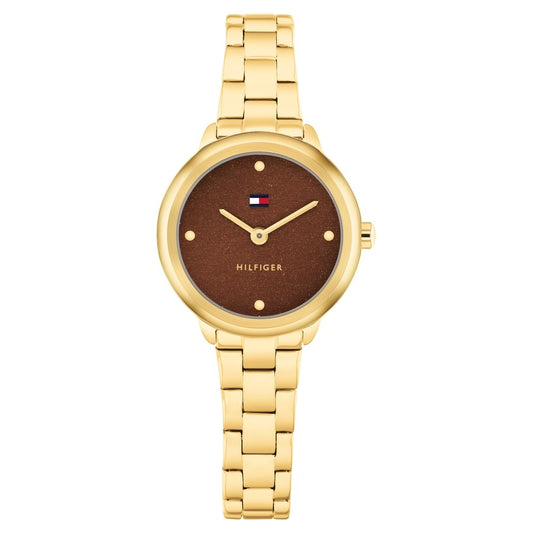 Tommy Hilfiger Quartz Analog Maroon Dial Golden Stainless Steel Strap Watch For Women